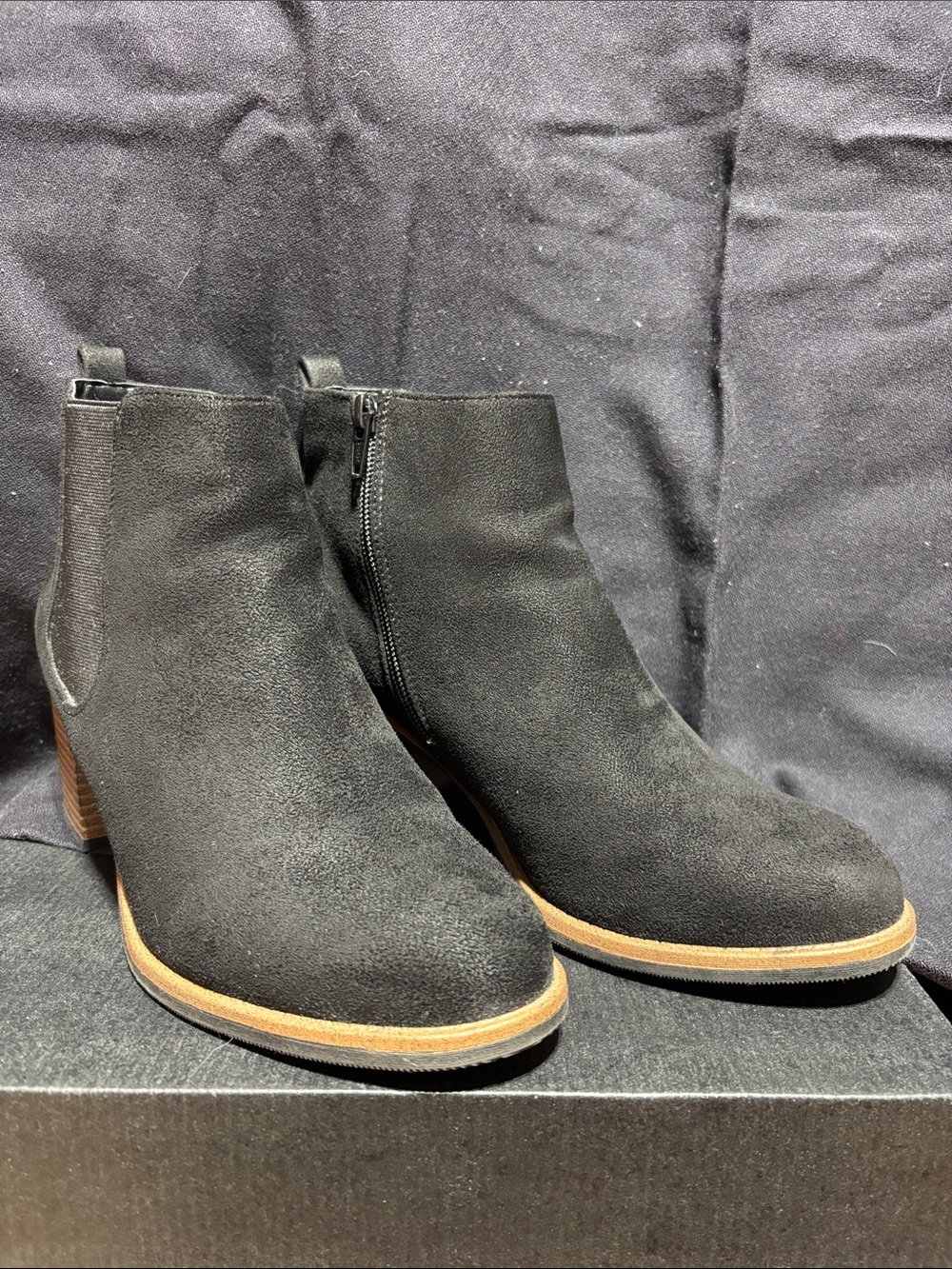 White Mountain Black Suede Ankle Booties with Stacked Wood Heel
